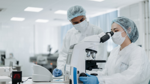 Scientists looking through a microscope