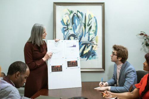 Woman sharing her experiences with a big visual presentation